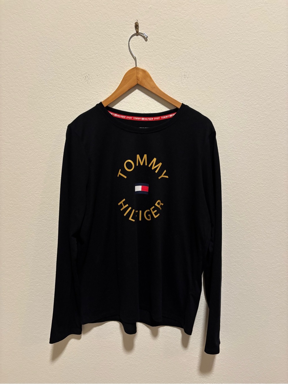 Tommy Hilfiger women’s Black Long Sleeve flag Logo Shirt with Gold Text